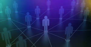 Network of connected people figures on a grid, representing the members of a B2B buying committee.